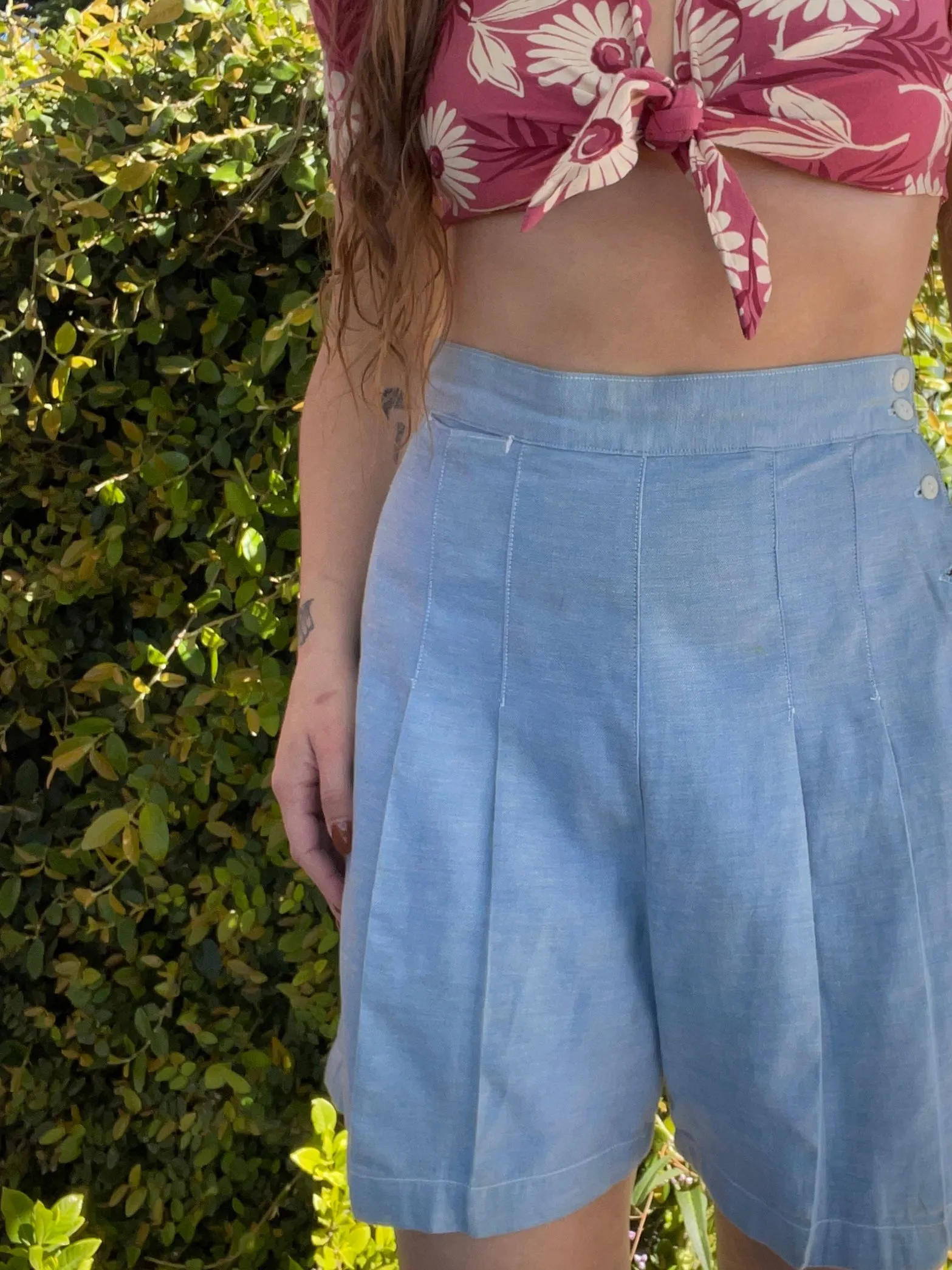 1940s Drill Chambray Side Button Shorts