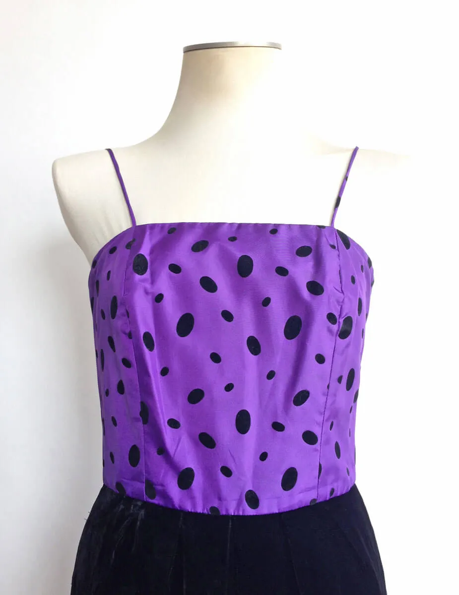 1980s Cocktail Dress Black Velvet Purple