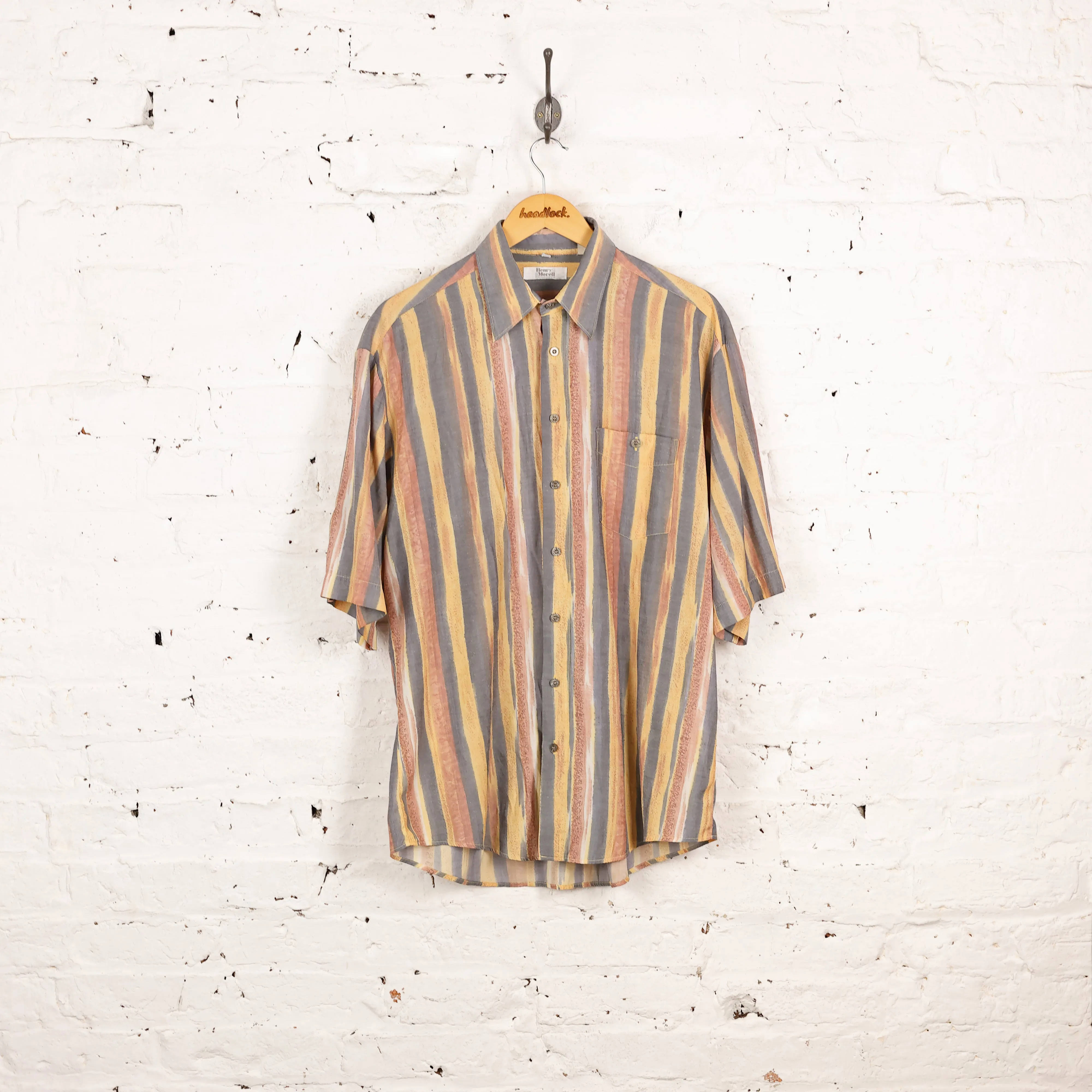 90s Short Sleeve Striped Pattern Shirt - Blue - L