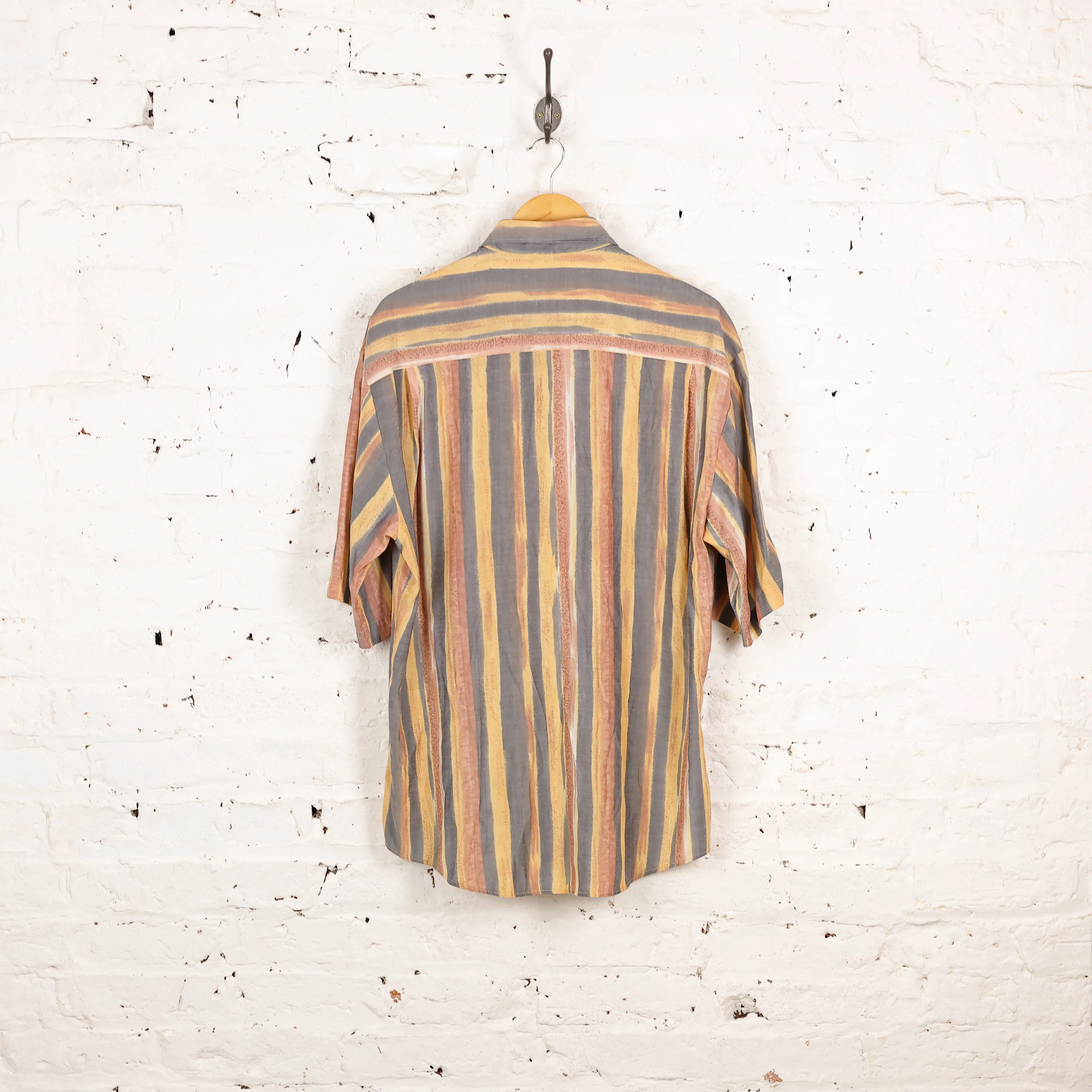 90s Short Sleeve Striped Pattern Shirt - Blue - L