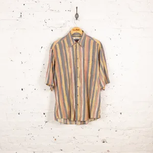 90s Short Sleeve Striped Pattern Shirt - Blue - L