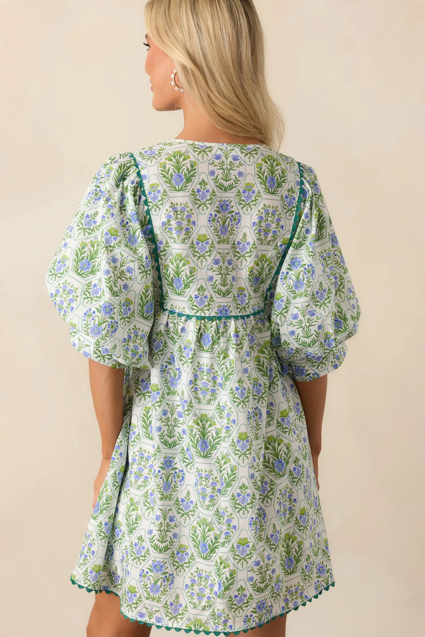 A Little Something Green Geometric Floral Cotton Mini Dress