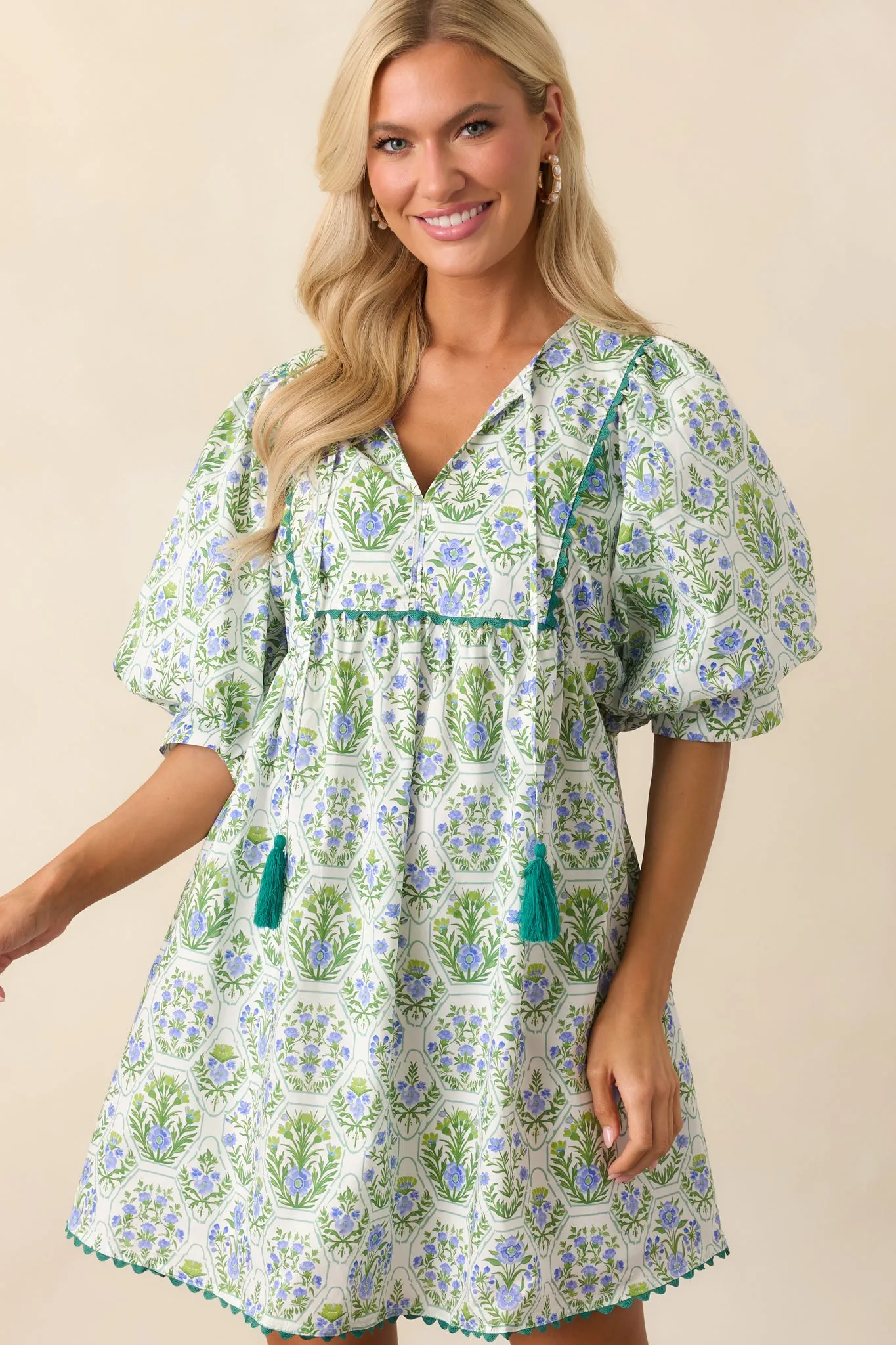 A Little Something Green Geometric Floral Cotton Mini Dress