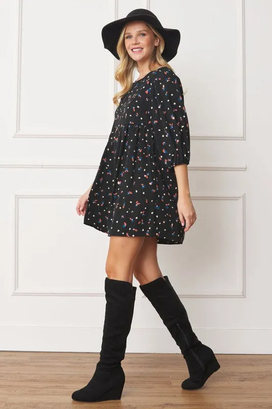 Abstract Polka Dot Bishop Sleeve Mini Dress