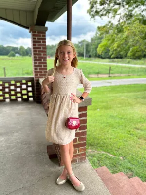 AC407-Girls Beige Swiss Dot Babydoll Dress (JKA)