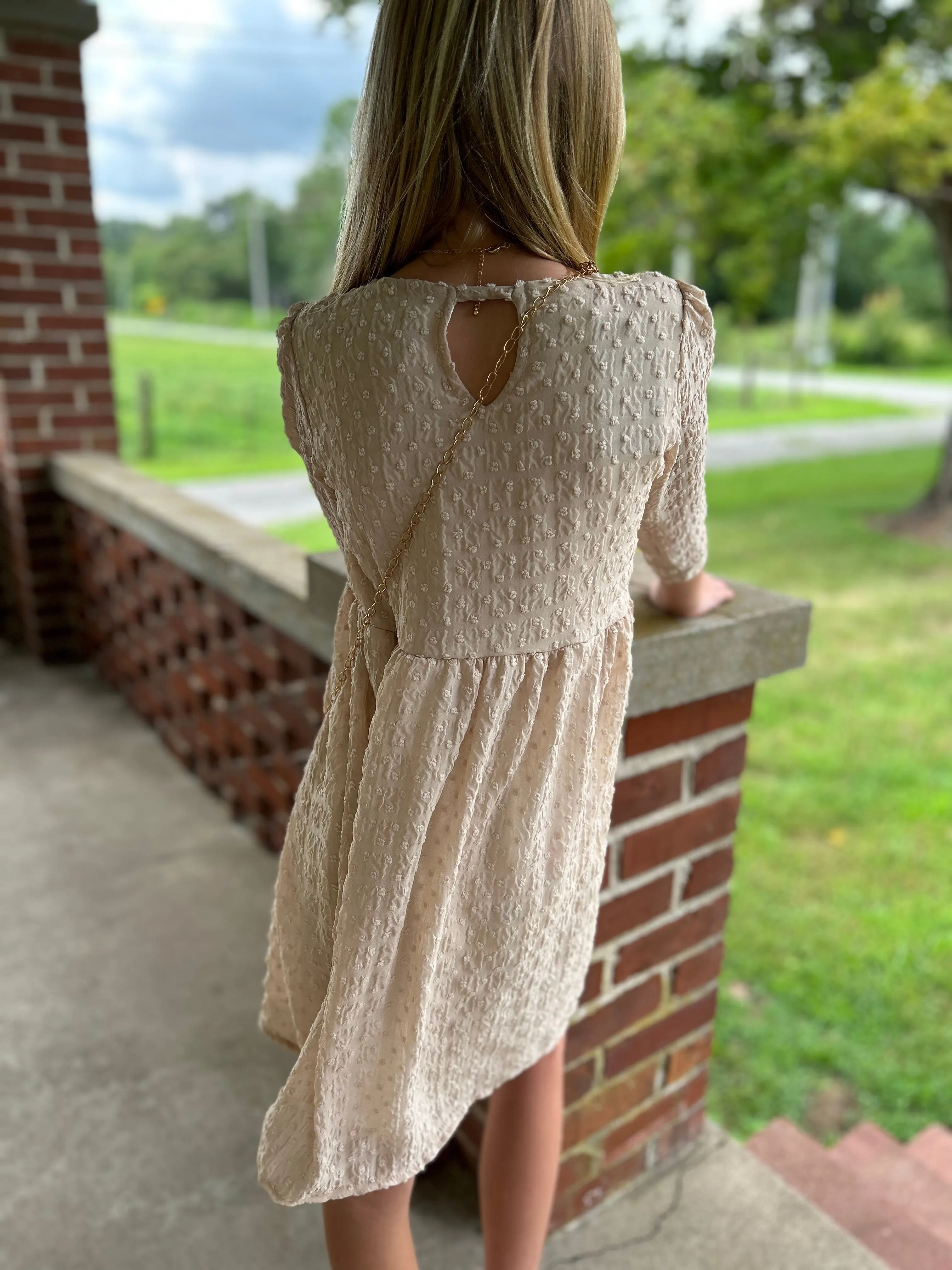 AC407-Girls Beige Swiss Dot Babydoll Dress (JKA)