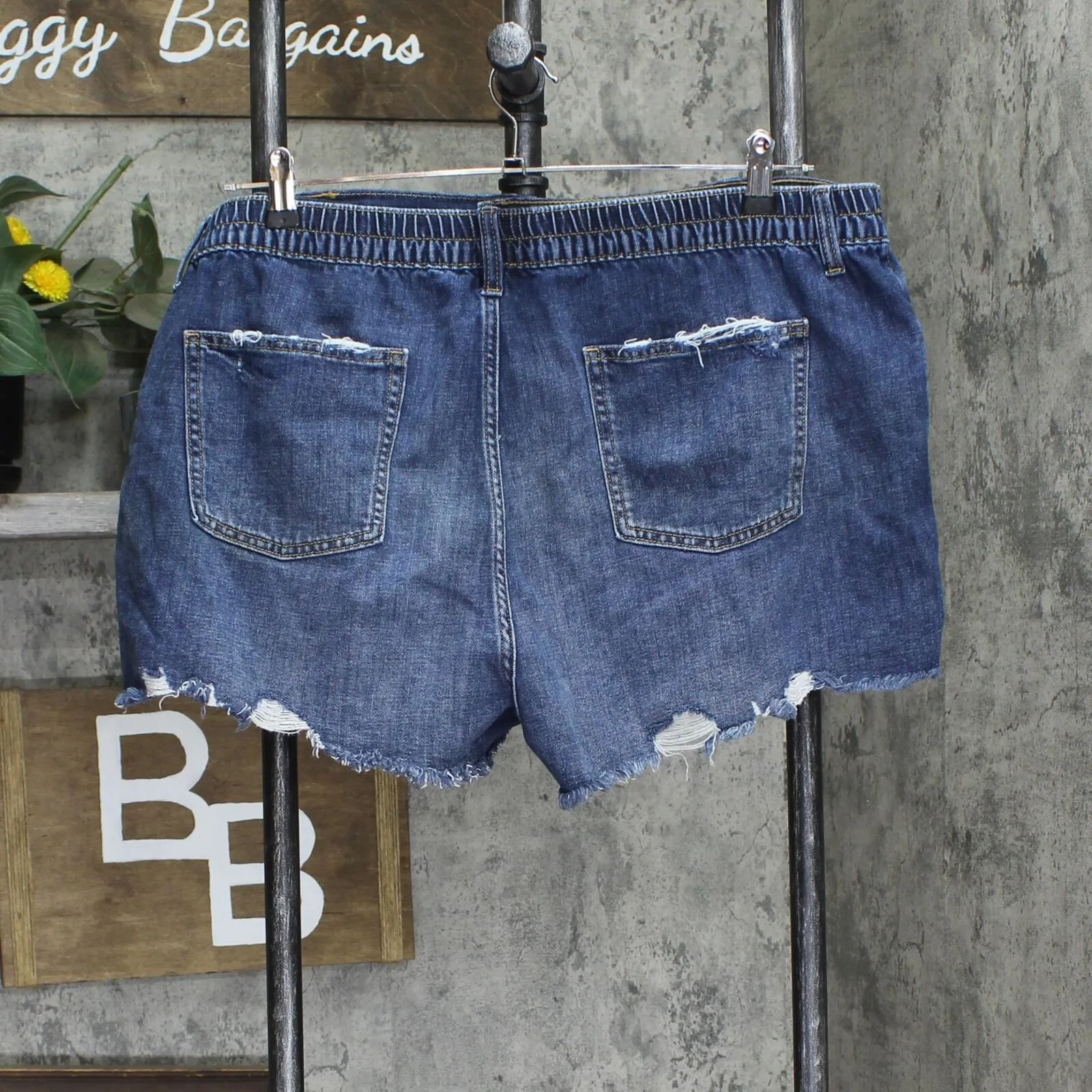 Aerie Womens Plus Size Elastic Waist Distressed Jean Shorts Blue 2XL
