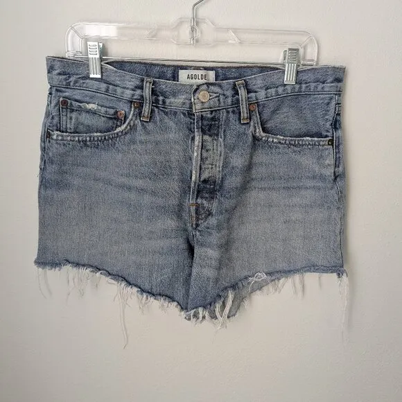 Agolde &quot;Parker&quot; Button Fly Raw Hem 100% Cotton Denim Shorts, 29