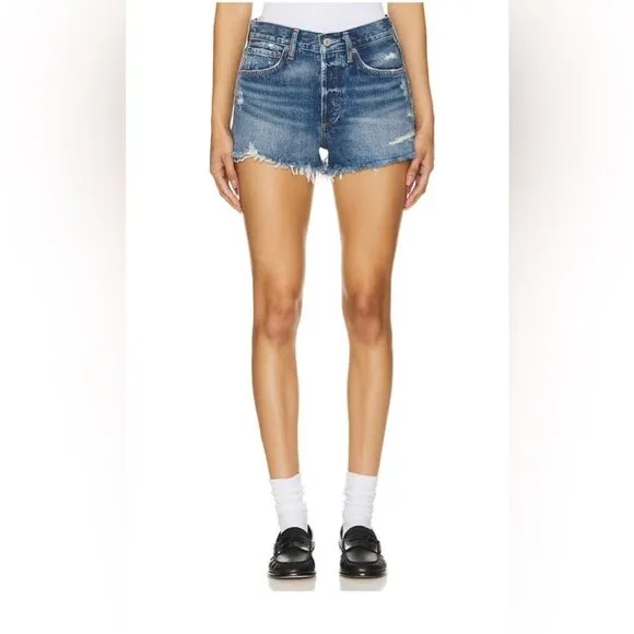 Agolde Parker Jean Shorts Med Blue Wash Frayed Hem Size 29 Denim