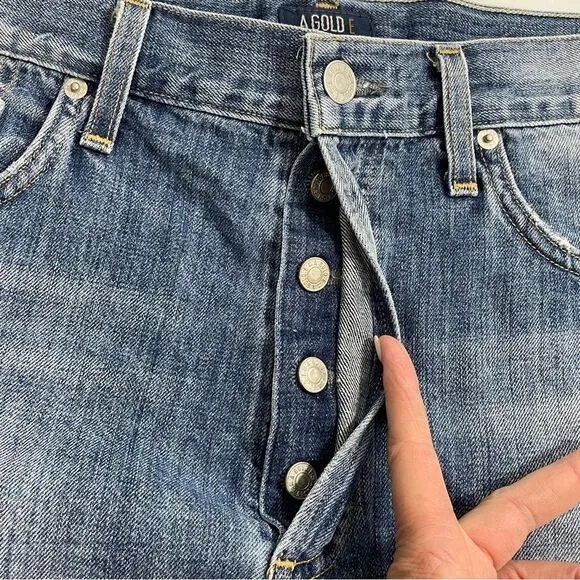 Agolde Parker Jean Shorts Med Blue Wash Frayed Hem Size 29 Denim