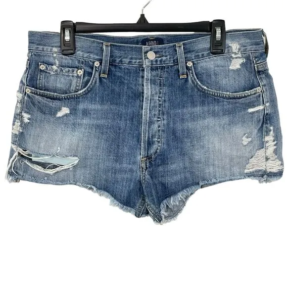 Agolde Parker Jean Shorts Med Blue Wash Frayed Hem Size 29 Denim