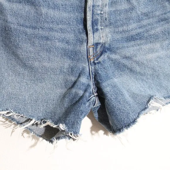 AGOLDE Parker Long Shorts Skywave Blue Denim 100% Cotton Distressed Raw Hem 24