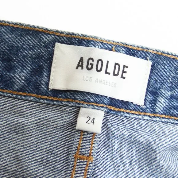 AGOLDE Parker Long Shorts Skywave Blue Denim 100% Cotton Distressed Raw Hem 24