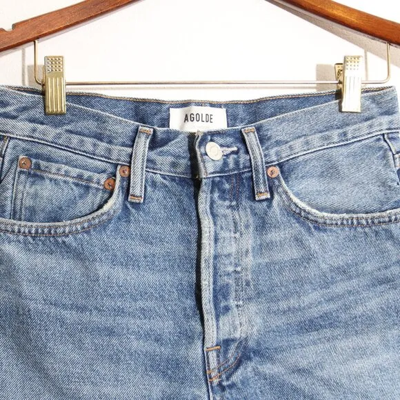 AGOLDE Parker Long Shorts Skywave Blue Denim 100% Cotton Distressed Raw Hem 24