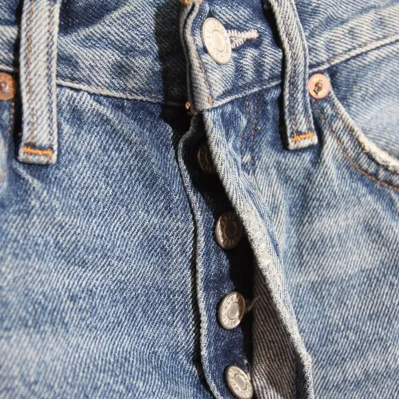 AGOLDE Parker Long Shorts Skywave Blue Denim 100% Cotton Distressed Raw Hem 24