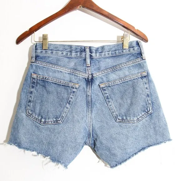 AGOLDE Parker Long Shorts Skywave Blue Denim 100% Cotton Distressed Raw Hem 24