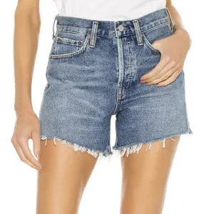AGOLDE Parker Long Shorts Skywave Blue Denim 100% Cotton Distressed Raw Hem 24