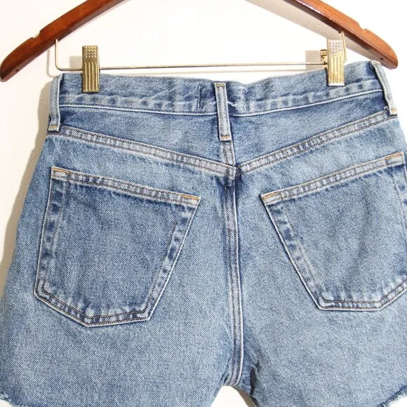 AGOLDE Parker Long Shorts Skywave Blue Denim 100% Cotton Distressed Raw Hem 24