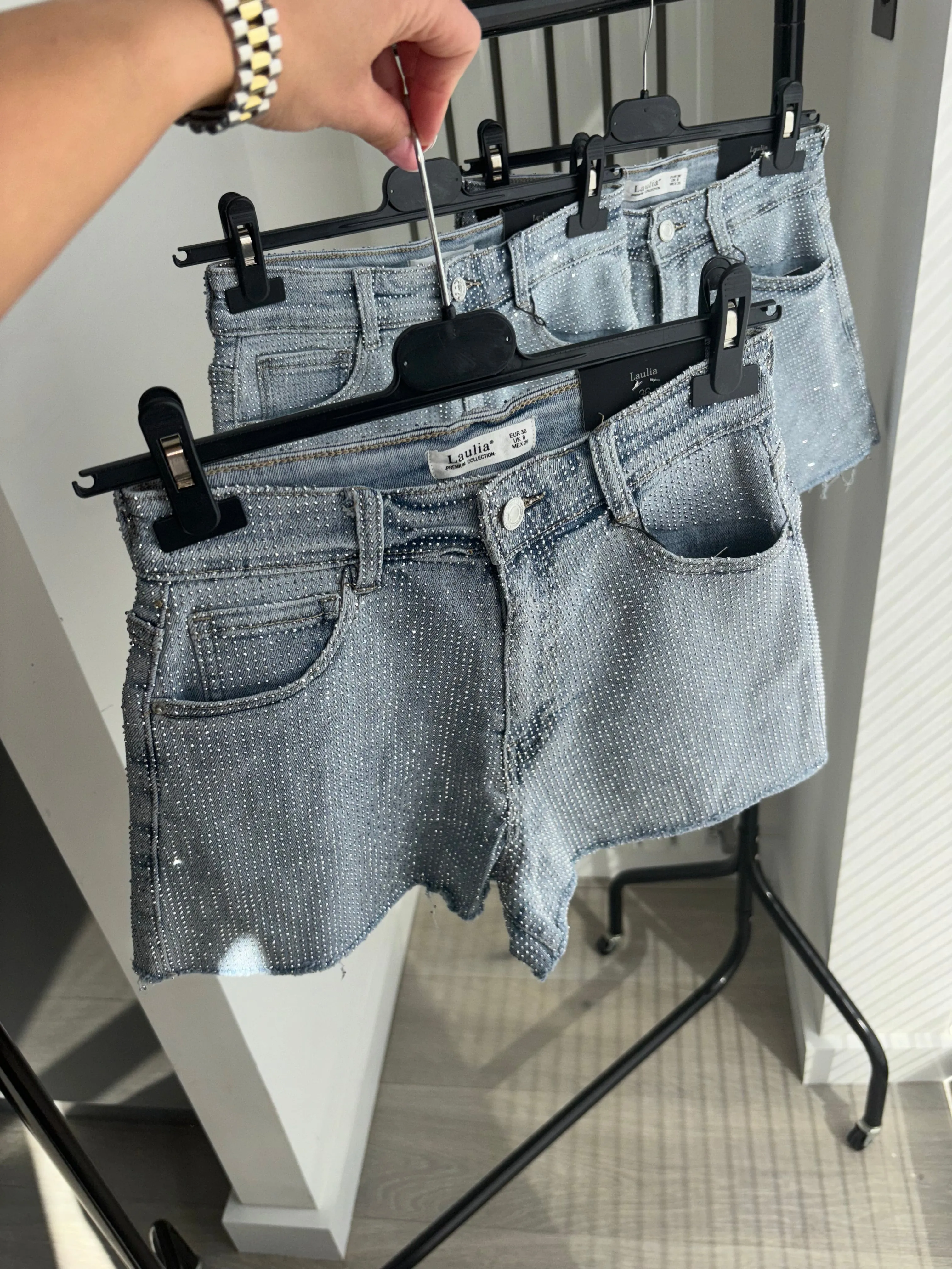 Alissia denim frayed hem fully embellished shorts