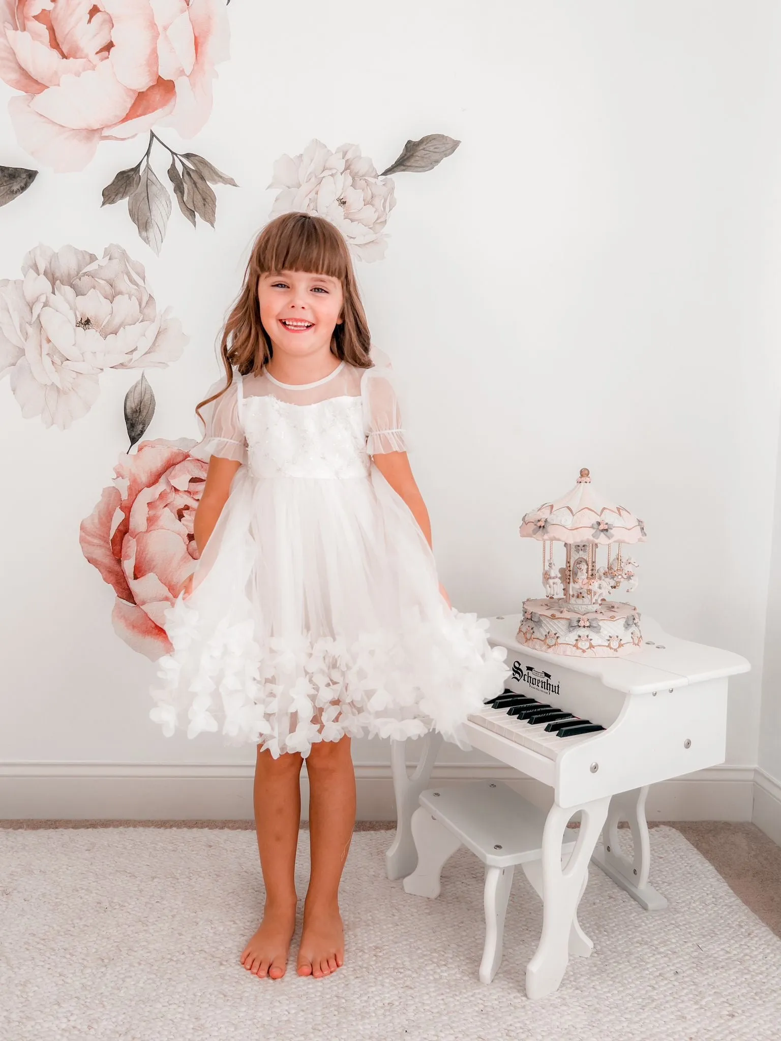Angelica 3D Flower Embellished Girl's Dress - White