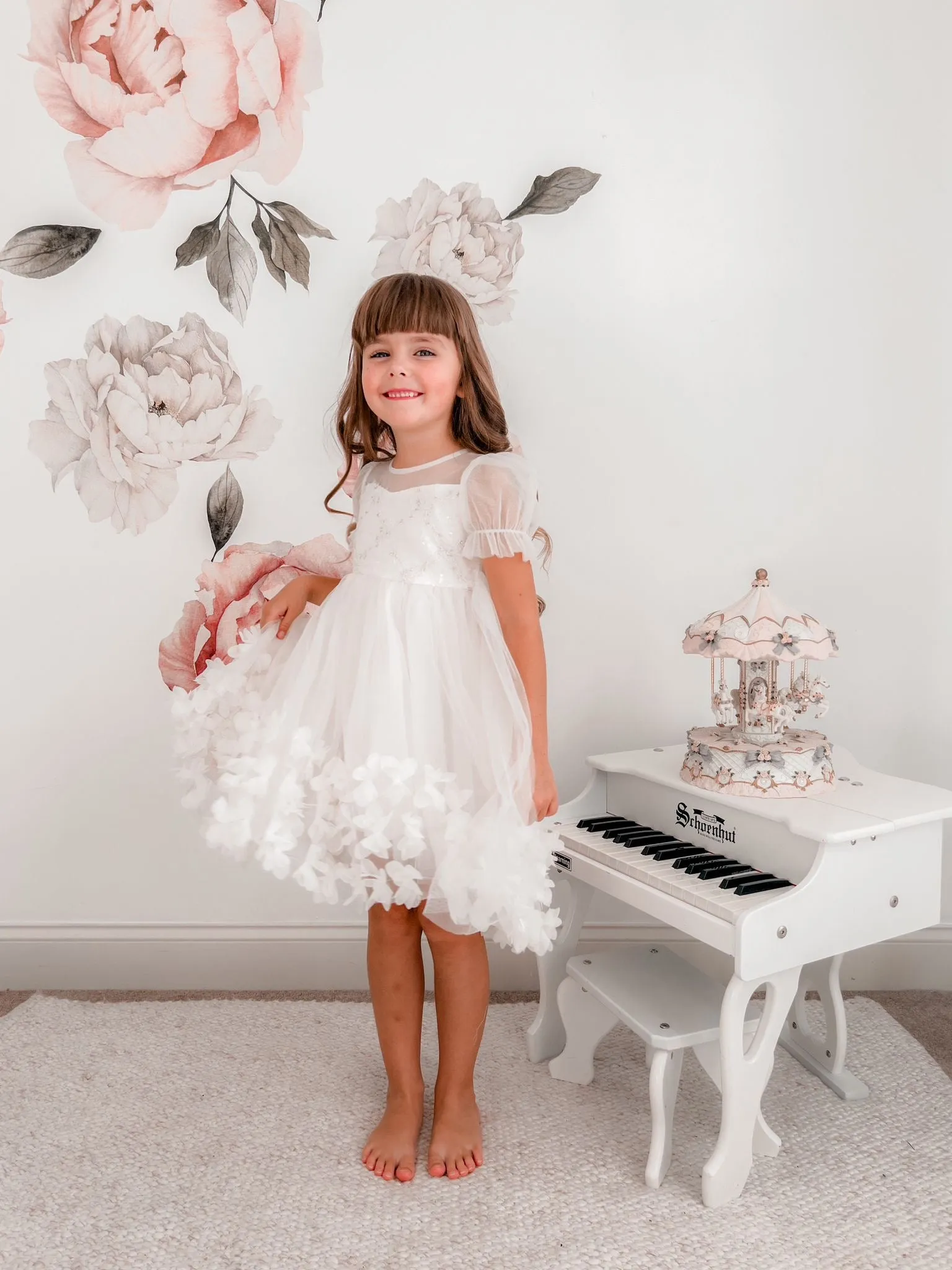 Angelica 3D Flower Embellished Girl's Dress - White