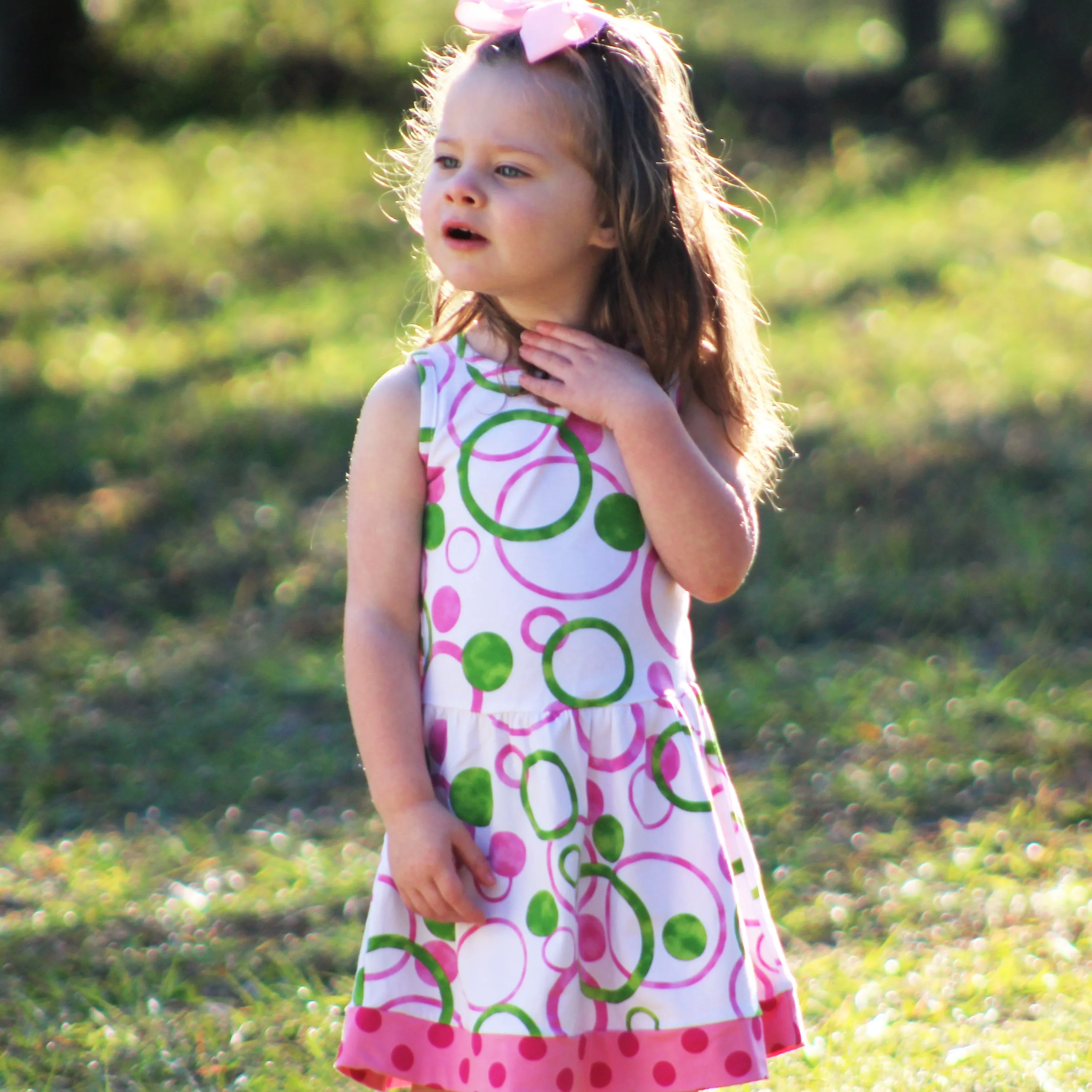 AnnLoren Big Little Girls Pink Green Bubble Design Cotton Knit Swing Dress Holiday Boutique Clothes
