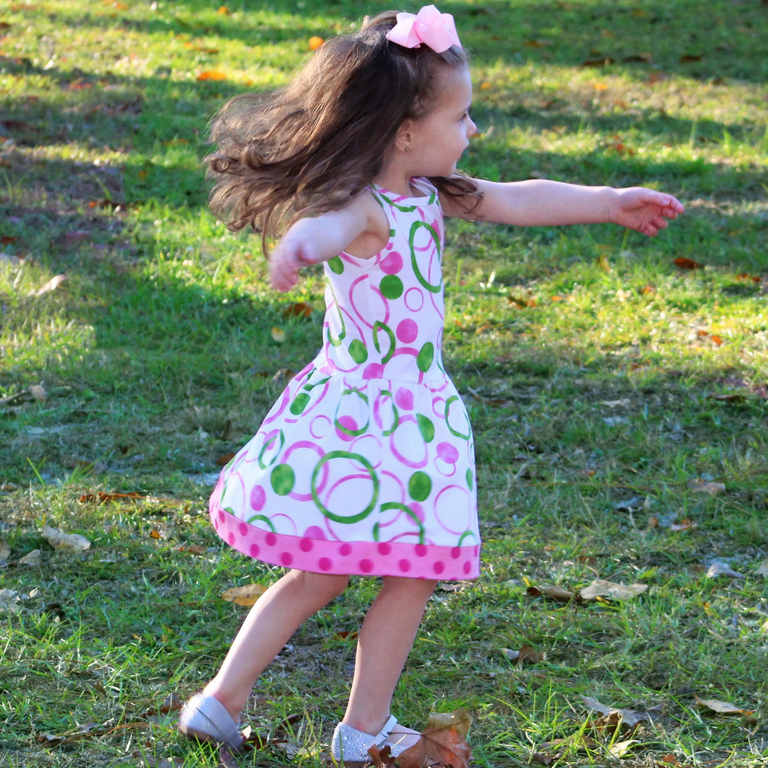 AnnLoren Big Little Girls Pink Green Bubble Design Cotton Knit Swing Dress Holiday Boutique Clothes