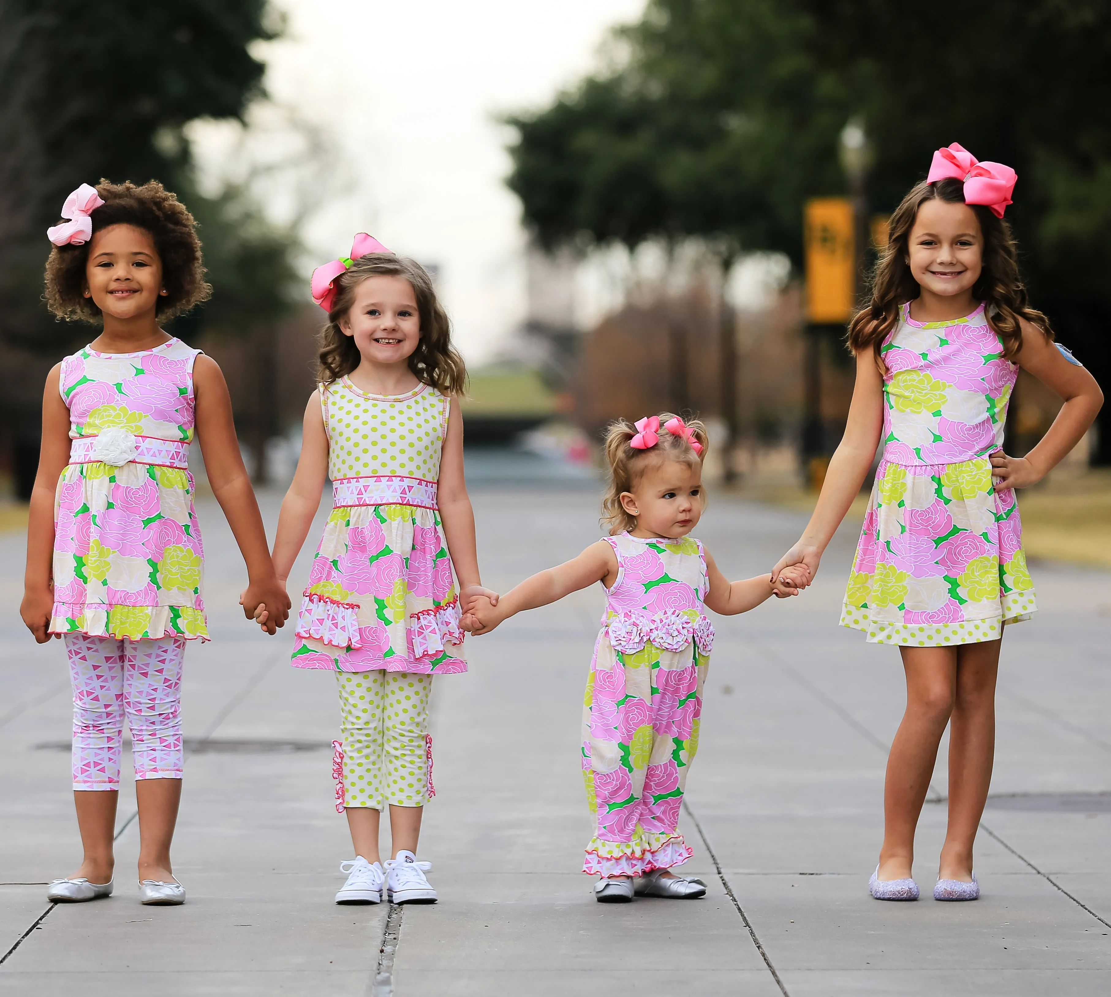 AnnLoren Spring Big Little Girls Pink Green Boutique Bouquet Floral Knit Swing Casual Dress