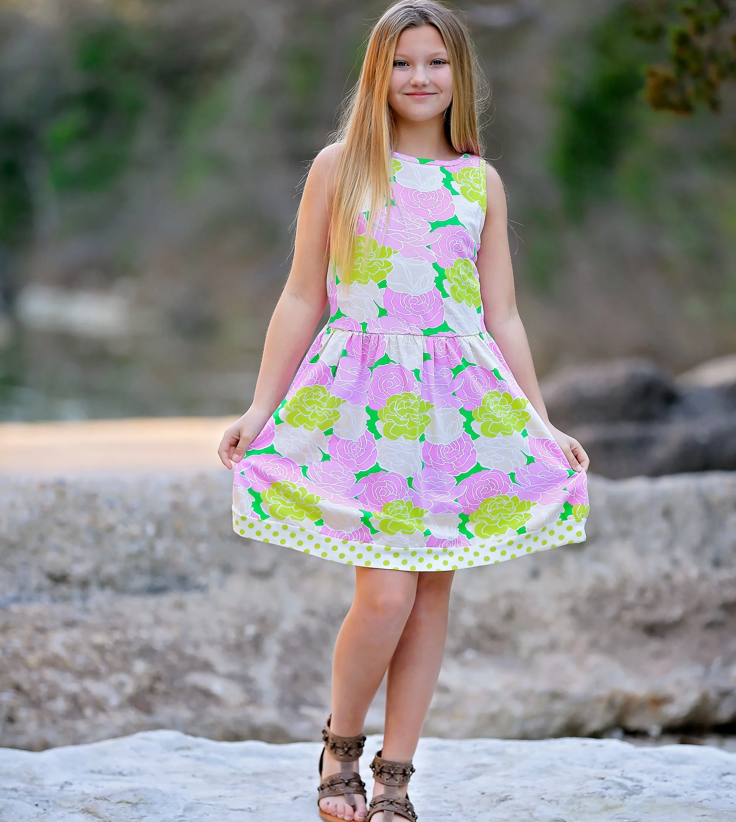 AnnLoren Spring Big Little Girls Pink Green Boutique Bouquet Floral Knit Swing Casual Dress
