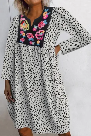 Apricot Polka Dot Embroidered Floral Babydoll Dress