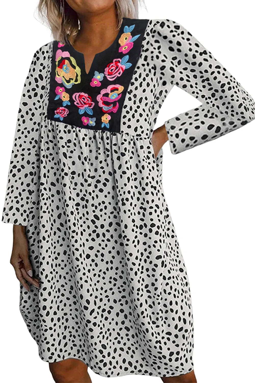 Apricot Polka Dot Embroidered Floral Babydoll Dress