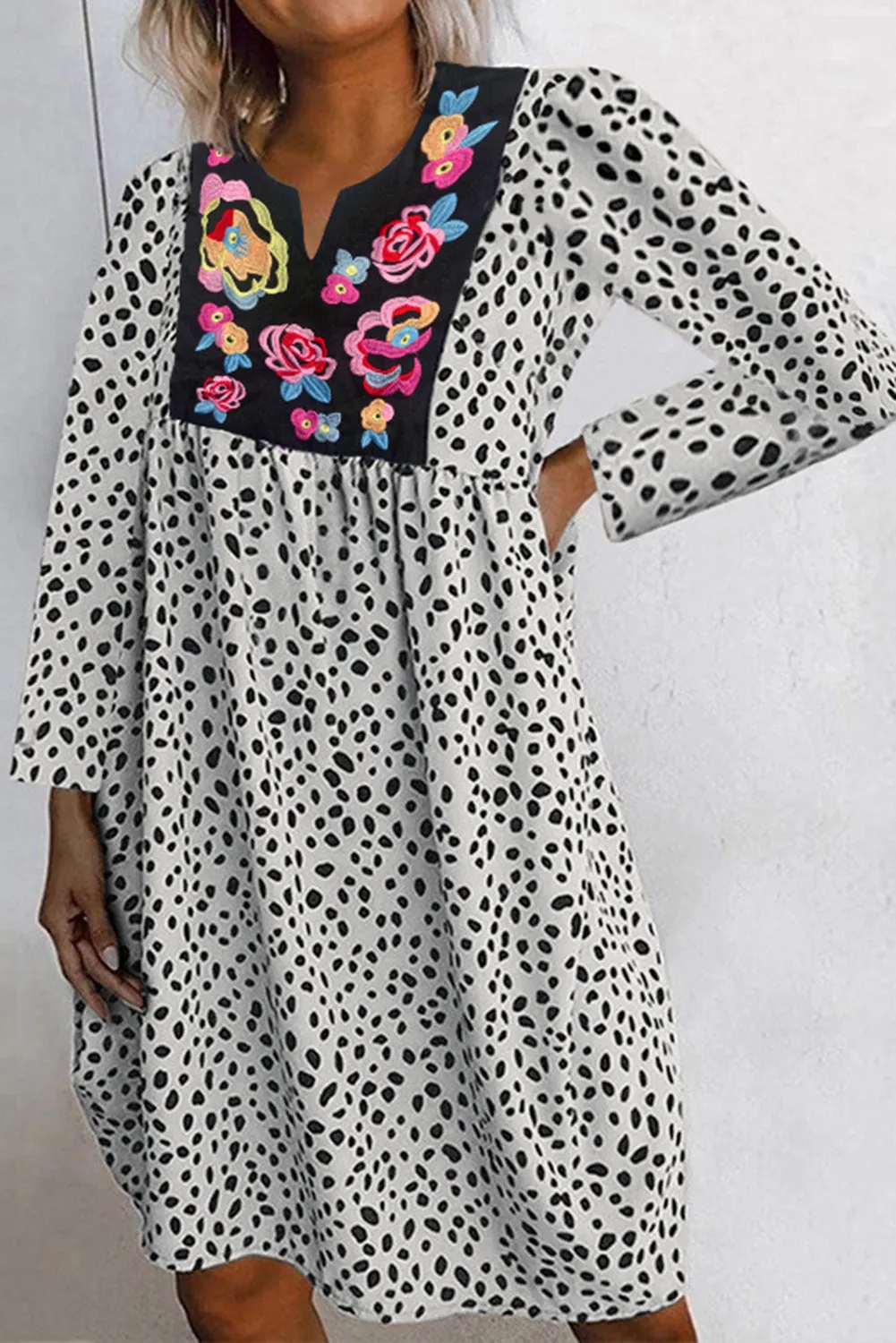Apricot Polka Dot Embroidered Floral Babydoll Dress