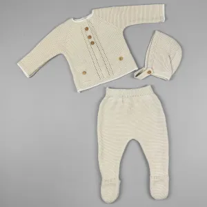 Baby Boys Beige Knitted 3-Piece Outfit – Pex | Includes Bonnet & Footed Trousers