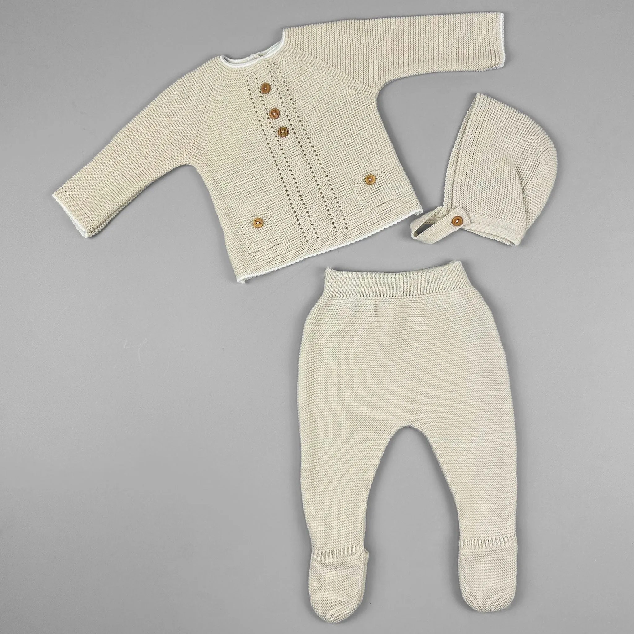 Baby Boys Beige Knitted 3-Piece Outfit – Pex | Includes Bonnet & Footed Trousers