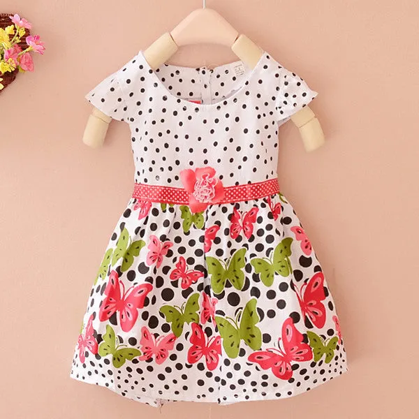Baby Girls Kids Short Sleeve Dress Polka Dots Butterfly Princess One-piece Dresses
