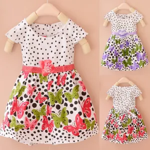 Baby Girls Kids Short Sleeve Dress Polka Dots Butterfly Princess One-piece Dresses