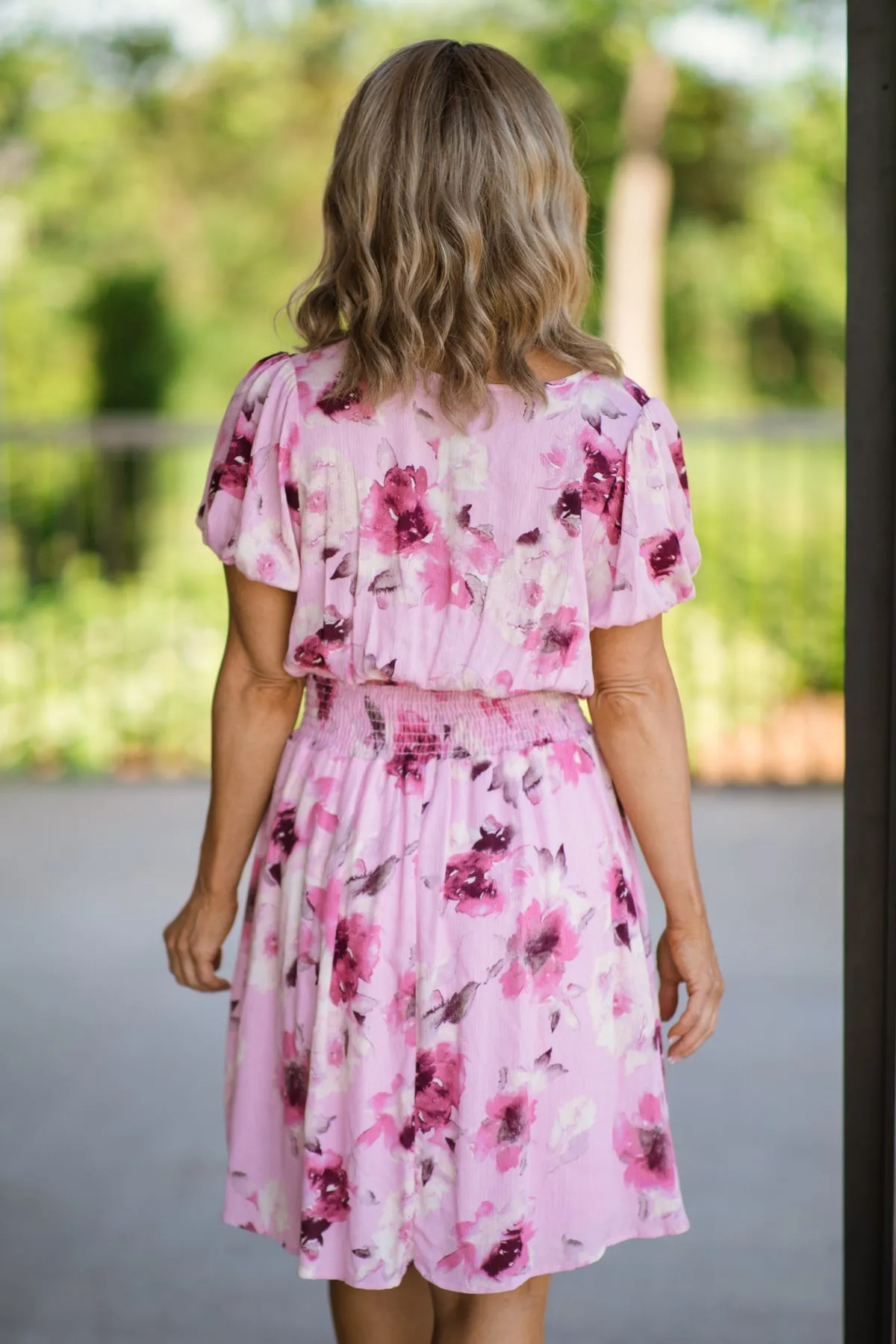 Baby Pink Floral Print Smocked Waist Dress