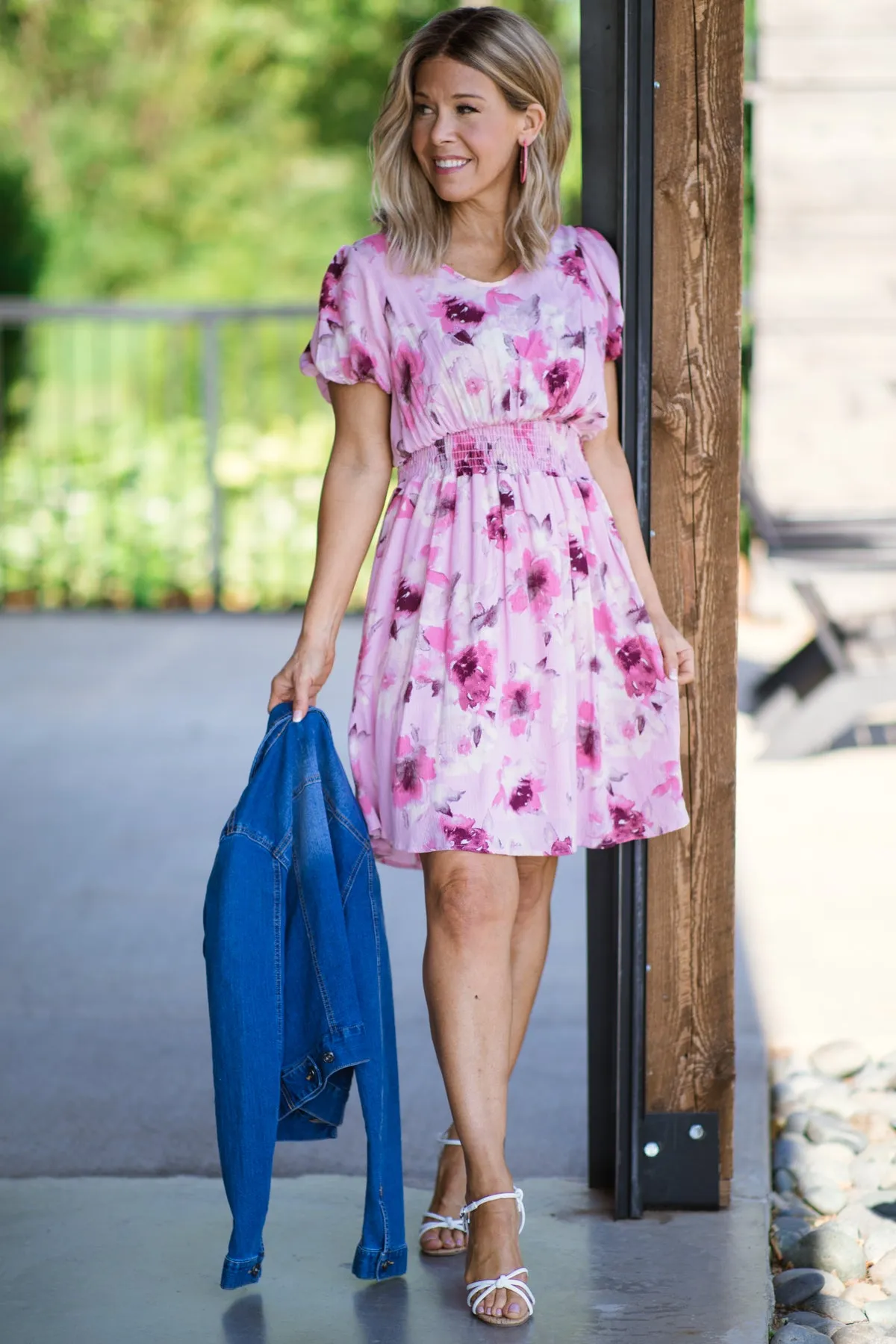 Baby Pink Floral Print Smocked Waist Dress