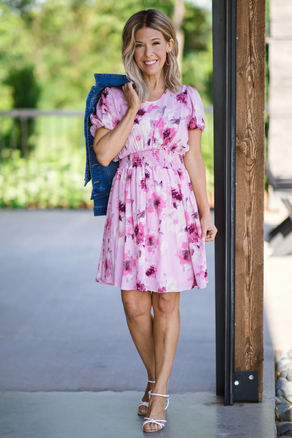 Baby Pink Floral Print Smocked Waist Dress