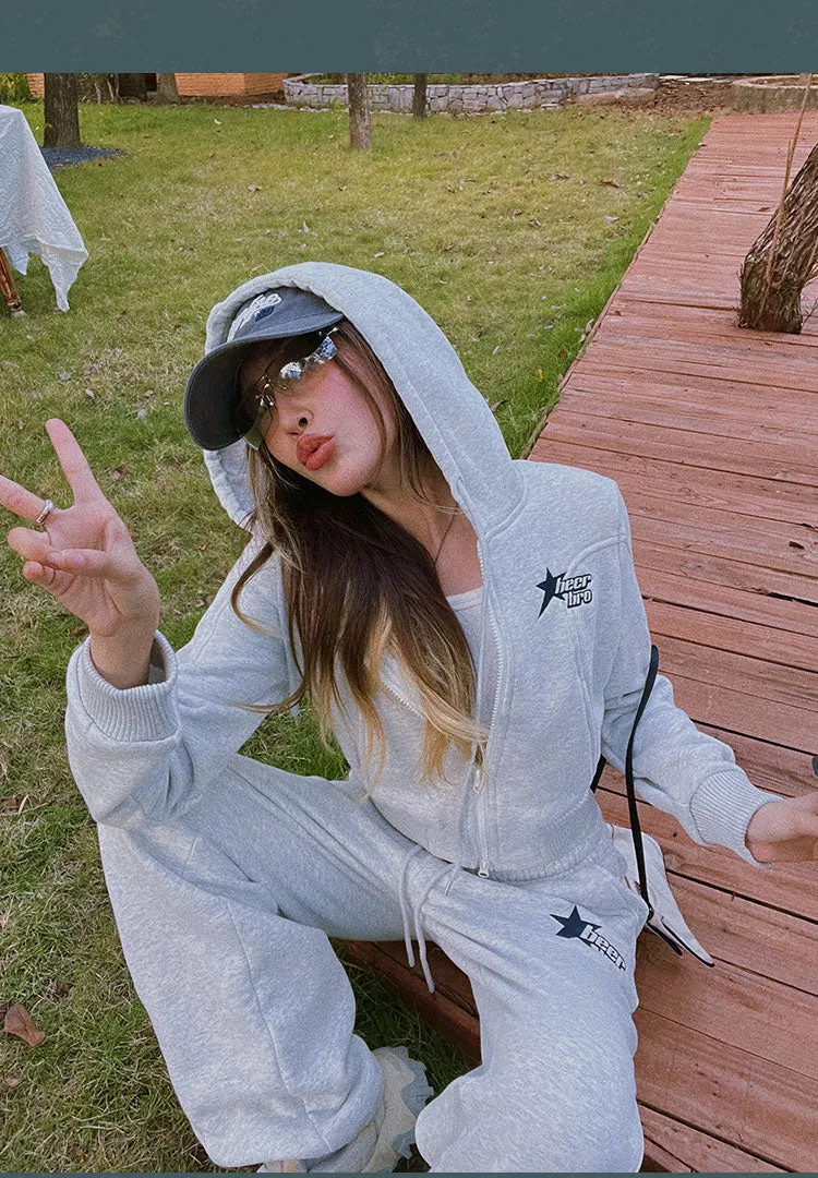 BEERBRO Star Solid Color Grey Long Sleeve Zip Up Cropped Hoodie High Waisted Sweatpants Matching Set