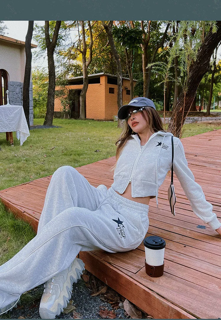 BEERBRO Star Solid Color Grey Long Sleeve Zip Up Cropped Hoodie High Waisted Sweatpants Matching Set