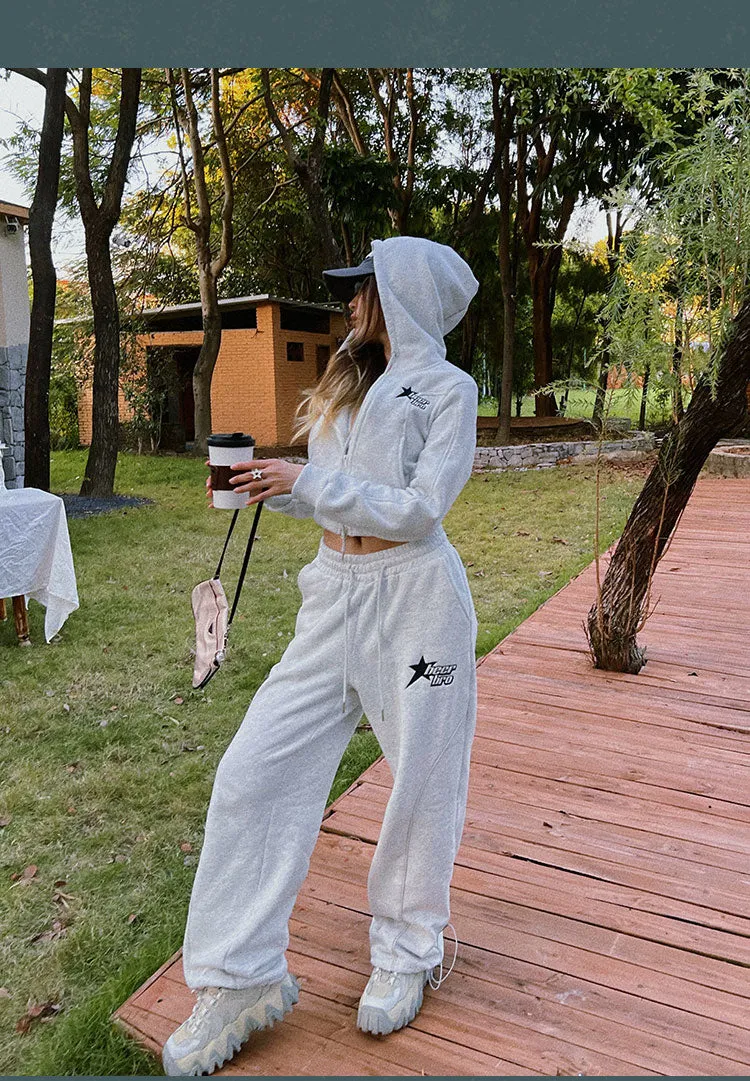 BEERBRO Star Solid Color Grey Long Sleeve Zip Up Cropped Hoodie High Waisted Sweatpants Matching Set