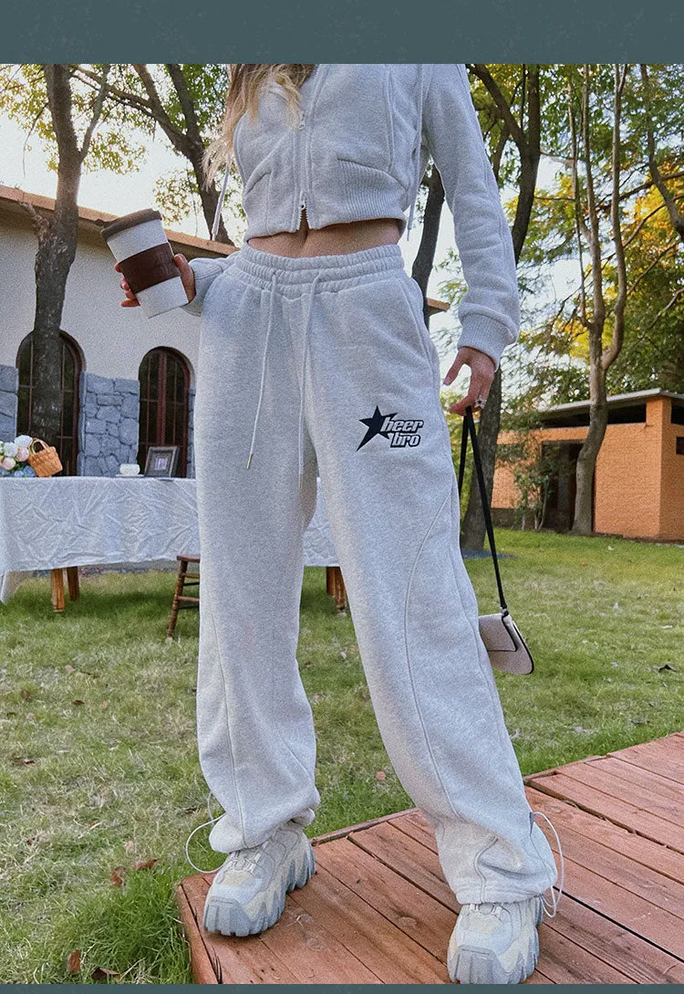 BEERBRO Star Solid Color Grey Long Sleeve Zip Up Cropped Hoodie High Waisted Sweatpants Matching Set
