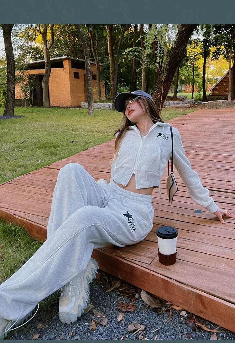 BEERBRO Star Solid Color Grey Long Sleeve Zip Up Cropped Hoodie High Waisted Sweatpants Matching Set