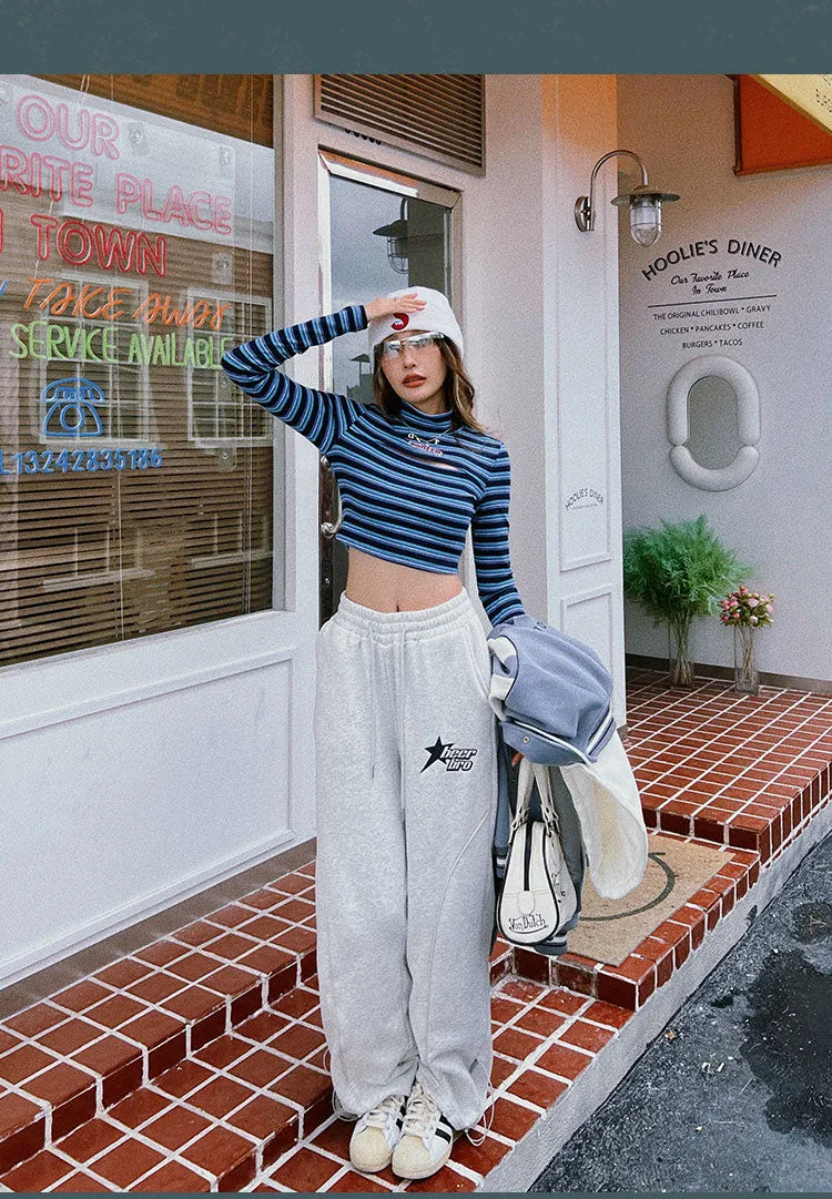 BEERBRO Star Solid Color Grey Long Sleeve Zip Up Cropped Hoodie High Waisted Sweatpants Matching Set