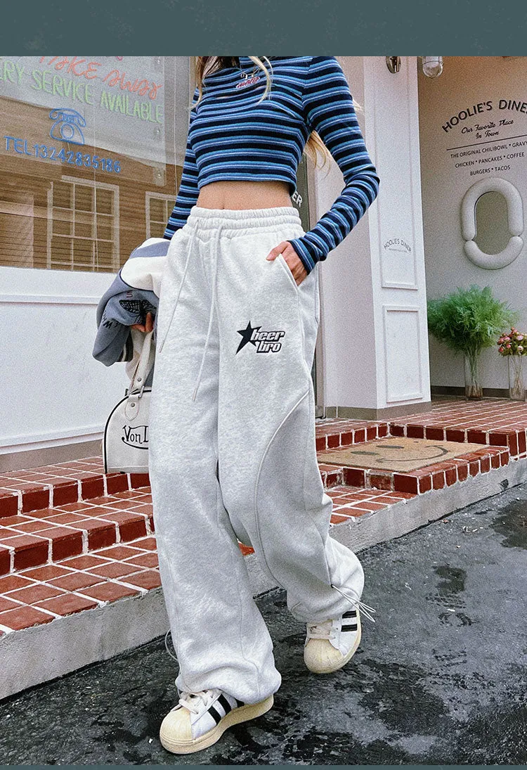 BEERBRO Star Solid Color Grey Long Sleeve Zip Up Cropped Hoodie High Waisted Sweatpants Matching Set