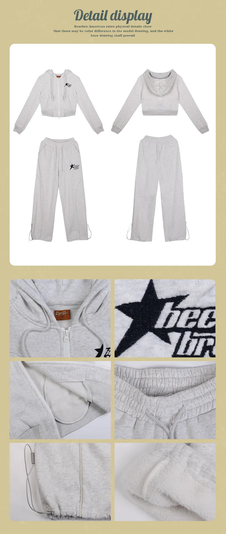 BEERBRO Star Solid Color Grey Long Sleeve Zip Up Cropped Hoodie High Waisted Sweatpants Matching Set