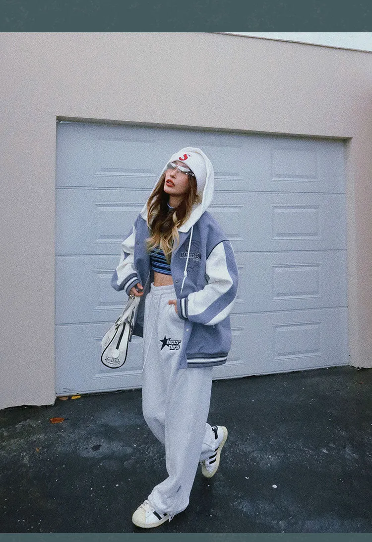 BEERBRO Star Solid Color Grey Long Sleeve Zip Up Cropped Hoodie High Waisted Sweatpants Matching Set