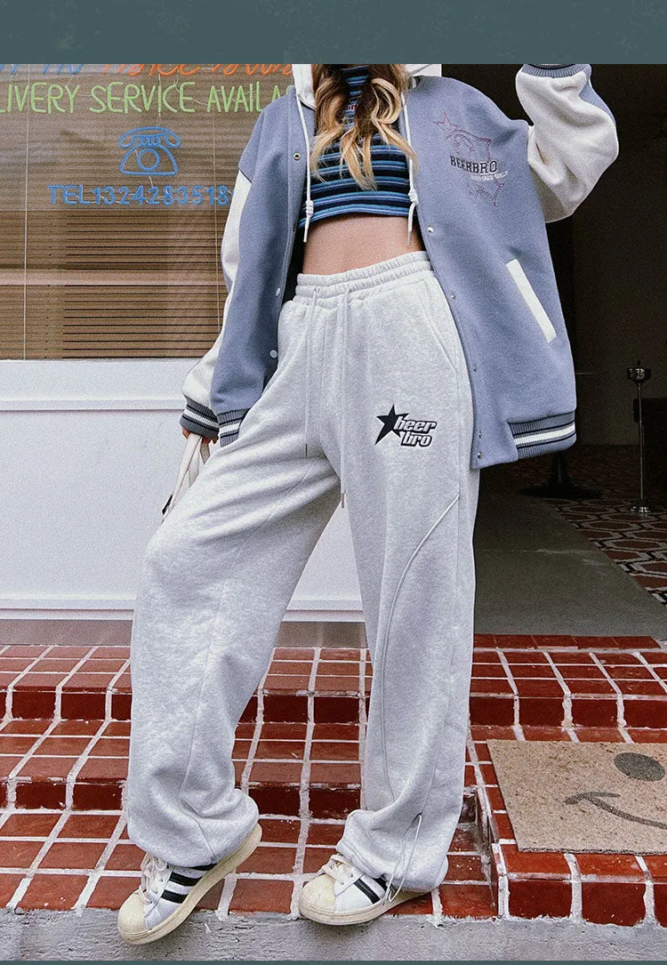BEERBRO Star Solid Color Grey Long Sleeve Zip Up Cropped Hoodie High Waisted Sweatpants Matching Set