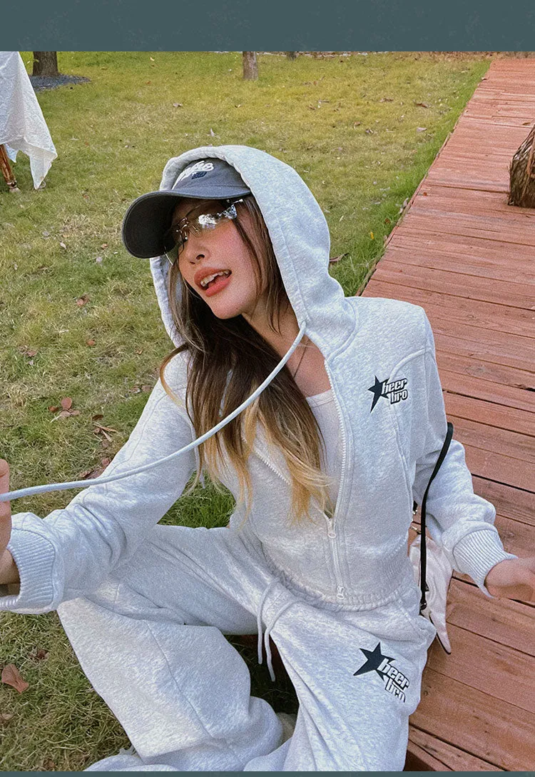 BEERBRO Star Solid Color Grey Long Sleeve Zip Up Cropped Hoodie High Waisted Sweatpants Matching Set